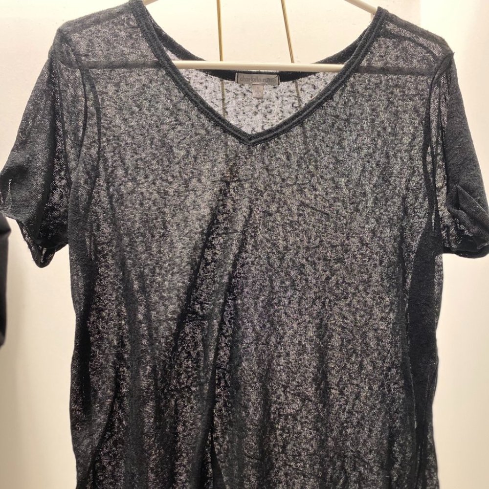 Juniors Sheer, V-Neck Black Tee